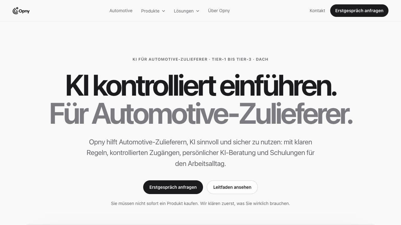 Startseite von Opny für kontrollierte KI bei Automotive-Zulieferern